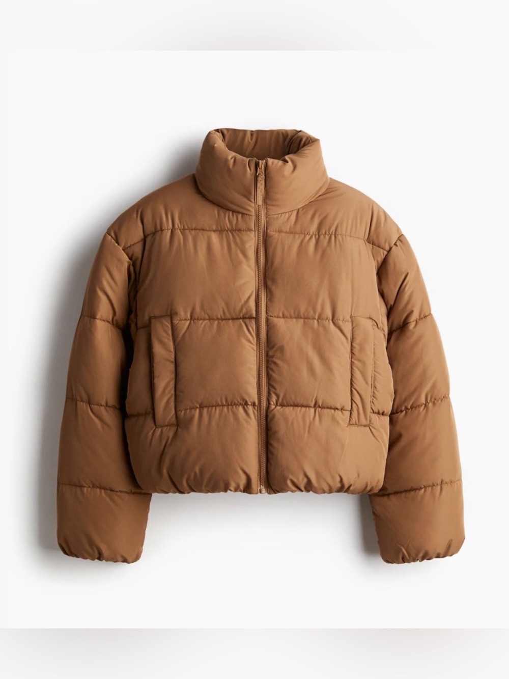 H&M Beige Brown Cropped Puffer Jacket High Collar Size S